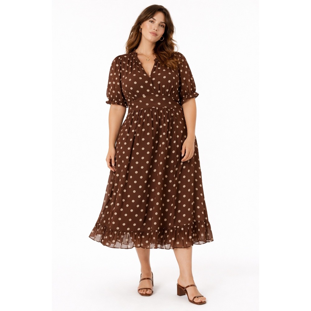 Le Serein Brown Polka Dot Ruffle Midi Dress Womens Size 1X NWT